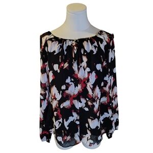 White House Black Market Red Black Floral Blouse With Cut Out Gold Beads Size 10